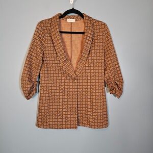 Altar'd State Knit Blazer Jacket Women's S Brown Flowered Boho 3/4 Ruched Sleeve
